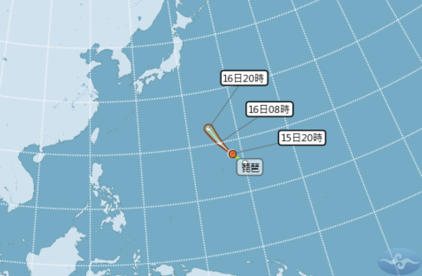 原位於關島東北方海面之熱帶性低氣壓,於今(15)日晚上8點發展為第16號颱風琵琶。 圖:翻攝自中央氣象局 原位於關島東北方海面之熱帶性低氣壓,於今(15)日晚上8點發展為第16號颱風琵琶。 圖:翻攝自中央氣象局