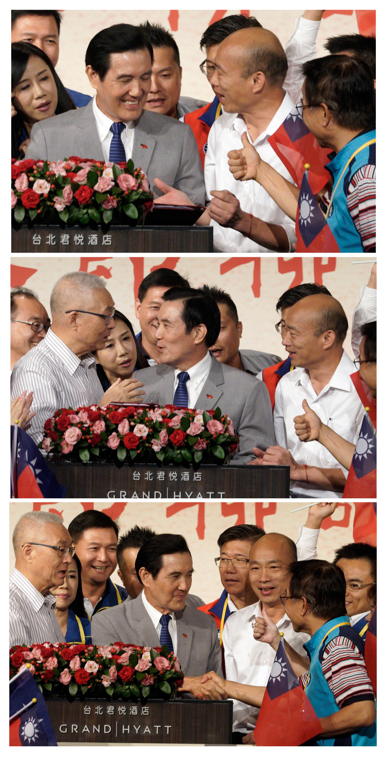 馬英九致詞後,韓國瑜再次主動伸出手向馬英九致意,但是馬英九只是看看,並未和韓國瑜握手,而是看看吳敦義,韓第二次出手,但是馬卻和韓身旁的賴士葆握手。 圖:張良一/攝 馬英九致詞後,韓國瑜再次主動伸出手向馬英九致意,但是馬英九只是看看,並未和韓國瑜握手,而是看看吳敦義,韓第二次出手,但是馬卻和韓身旁的賴士葆握手。 圖:張良一/攝