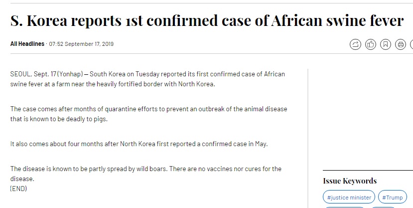 韓國聯合通訊社英文版報導,韓國與朝鮮交界附近的一個農場,已經通報該國第1例確診非洲豬瘟的病例。 圖:翻攝自韓國聯合通訊社 韓國聯合通訊社英文版報導,韓國與朝鮮交界附近的一個農場,已經通報該國第1例確診非洲豬瘟的病例。 圖:翻攝自韓國聯合通訊社
