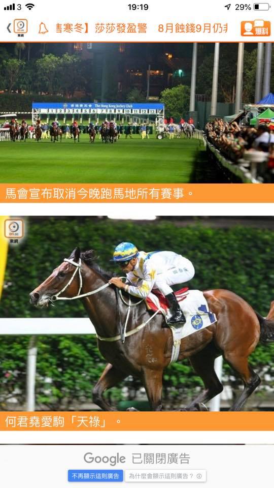 香港議員何君堯秀出愛馬「天祿」,對取消賽馬感到驚訝,並表示擔憂影響香港在賽馬世界之領導地位。 圖:翻攝自何君堯臉書 香港議員何君堯秀出愛馬「天祿」,對取消賽馬感到驚訝,並表示擔憂影響香港在賽馬世界之領導地位。 圖:翻攝自何君堯臉書