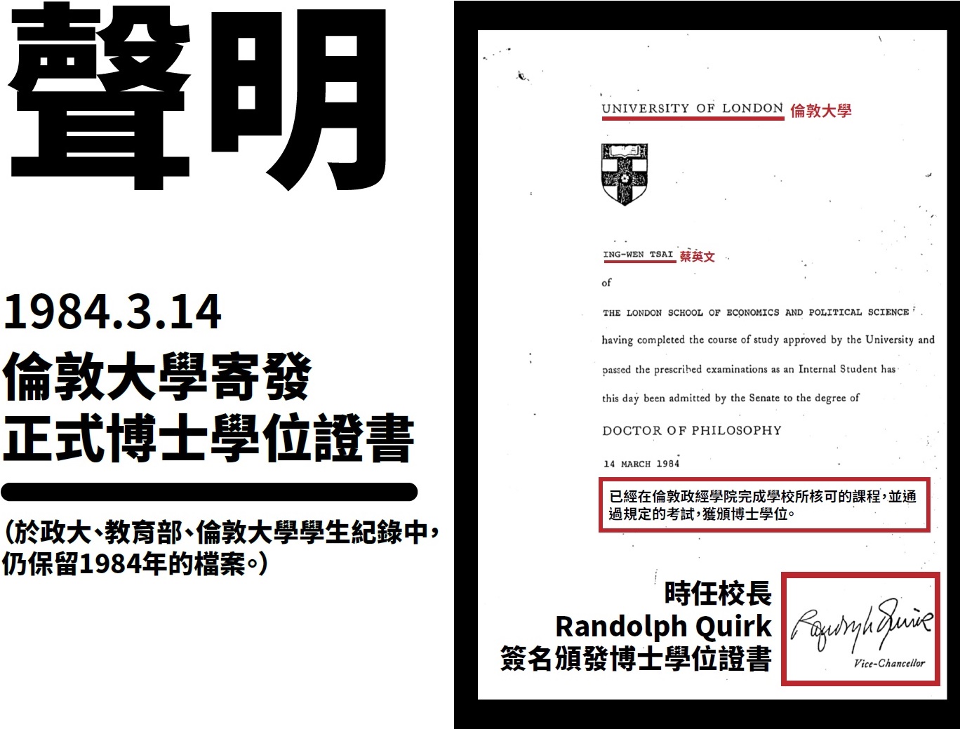 蔡英文1984年版倫敦大學原始畢業證書 圖:總統府/提供 蔡英文1984年版倫敦大學原始畢業證書 圖:總統府/提供