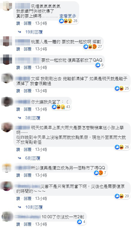 網友在鄭文燦臉書留言,批評市府不應只放復興區颱風假,應該一視同仁,而非「1市2制」。 圖:翻攝鄭文燦臉書 網友在鄭文燦臉書留言,批評市府不應只放復興區颱風假,應該一視同仁,而非「1市2制」。 圖:翻攝鄭文燦臉書