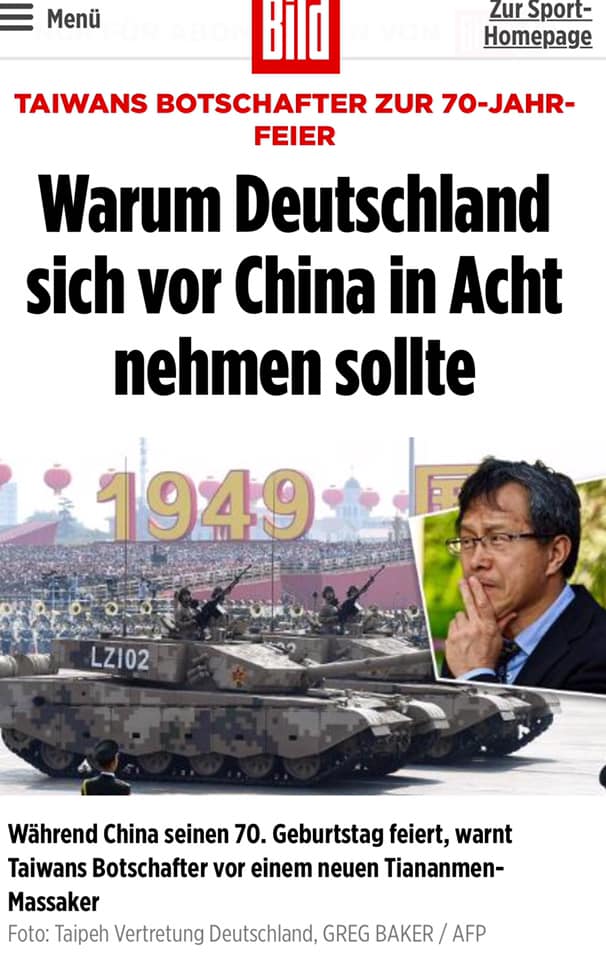 德國《圖片報》對我國駐德代表謝志偉專訪。 圖:翻攝自謝志偉臉書 德國《圖片報》對我國駐德代表謝志偉專訪。 圖:翻攝自謝志偉臉書