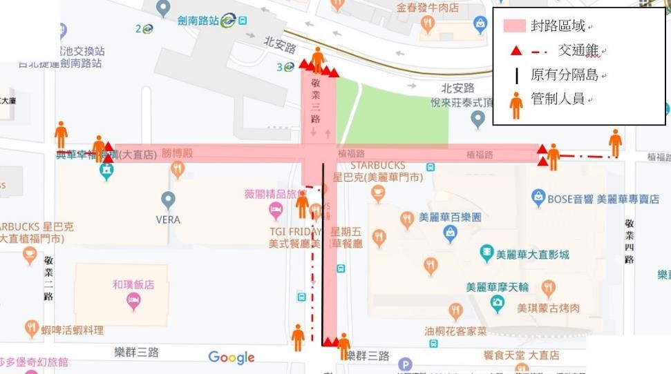 2019台北白晝之夜封街範圍。 圖:台北市交通警察大隊/提供 2019台北白晝之夜封街範圍。 圖:台北市交通警察大隊/提供