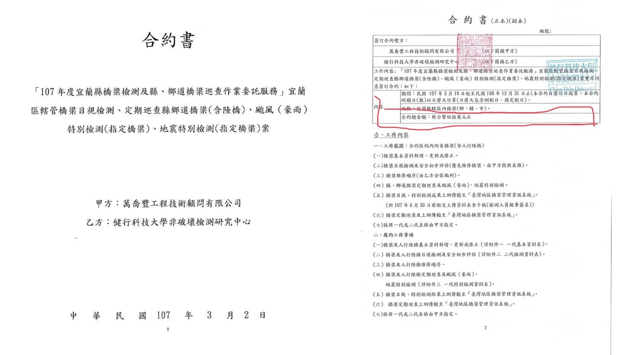 黃國昌踢爆南方澳大橋「橋梁檢測」弊端,並在臉書貼出完整契約書。 圖:翻攝自黃國昌臉書 黃國昌踢爆南方澳大橋「橋梁檢測」弊端,並在臉書貼出完整契約書。 圖:翻攝自黃國昌臉書