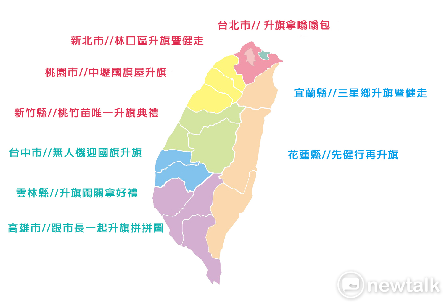 2019全台國慶升旗活動一覽。新頭殼/製圖 2019全台國慶升旗活動一覽。新頭殼/製圖