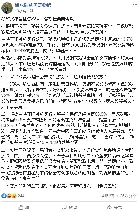 陳水扁分析,目前看好度蔡英文是韓國瑜的二倍,接下來韓國瑜的看好度,一定會跟著他月中請假全力從事競選活動加溫。 圖:翻攝自陳水扁新勇哥物語 陳水扁分析,目前看好度蔡英文是韓國瑜的二倍,接下來韓國瑜的看好度,一定會跟著他月中請假全力從事競選活動加溫。 圖:翻攝自陳水扁新勇哥物語