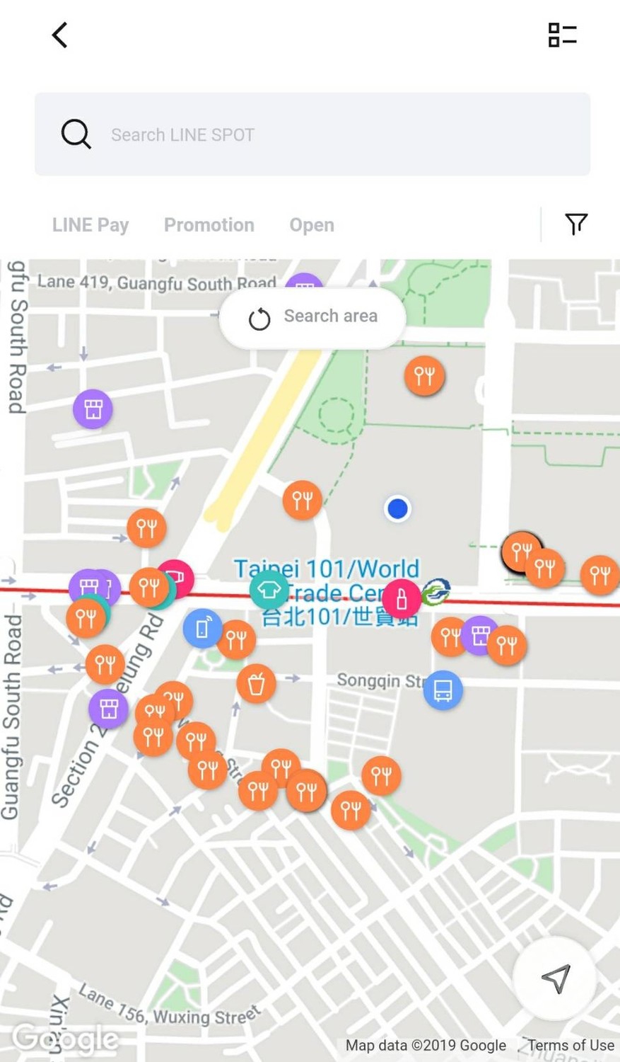 LINE SPOT使用 Google 地圖,搭配自身收錄的商家資訊,要做資訊整合平台。 圖:LINE截圖 LINE SPOT使用 Google 地圖,搭配自身收錄的商家資訊,要做資訊整合平台。 圖:LINE截圖