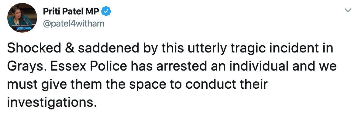 英國内政大臣普莉提·蘇希爾·巴特爾(Priti Sushil Patel)也對此案表示震驚。 翻攝自Priti Sushil Patel Twitter 英國内政大臣普莉提·蘇希爾·巴特爾(Priti Sushil Patel)也對此案表示震驚。 翻攝自Priti Sushil Patel Twitter