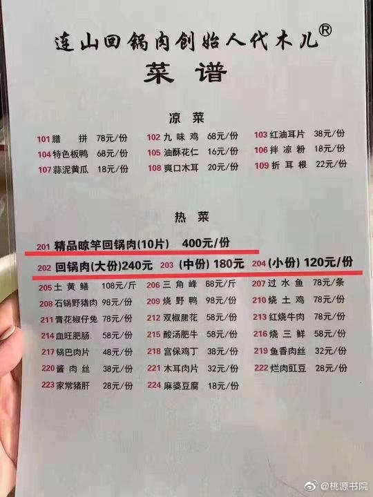 中國1家餐館的菜單在網路瘋傳,原因就是回鍋肉漲得離譜,1份精品要價400元人民幣(紅線處)。 圖:翻攝中國微博 中國1家餐館的菜單在網路瘋傳,原因就是回鍋肉漲得離譜,1份精品要價400元人民幣(紅線處)。 圖:翻攝中國微博