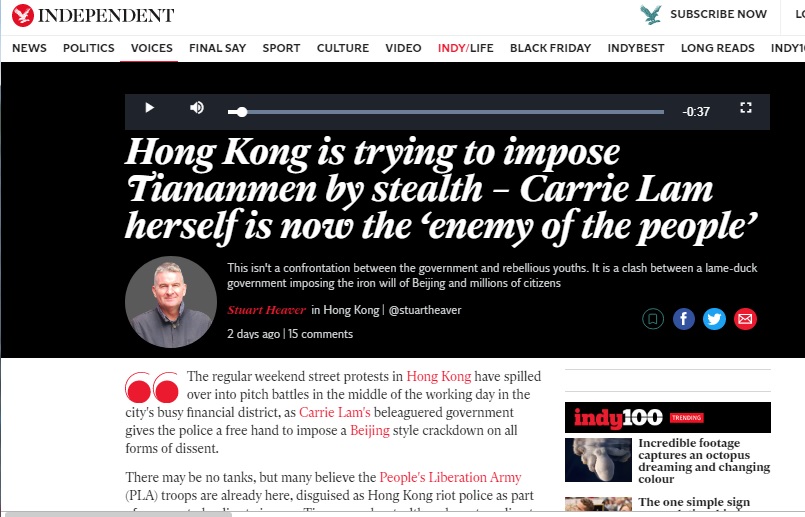 獨立撰稿人希佛在英國《獨立報》發表文章,指香港警察7月以來平均身高增加10公分,天安門屠殺已經秘密開始。 圖:翻攝自英國《獨立報》