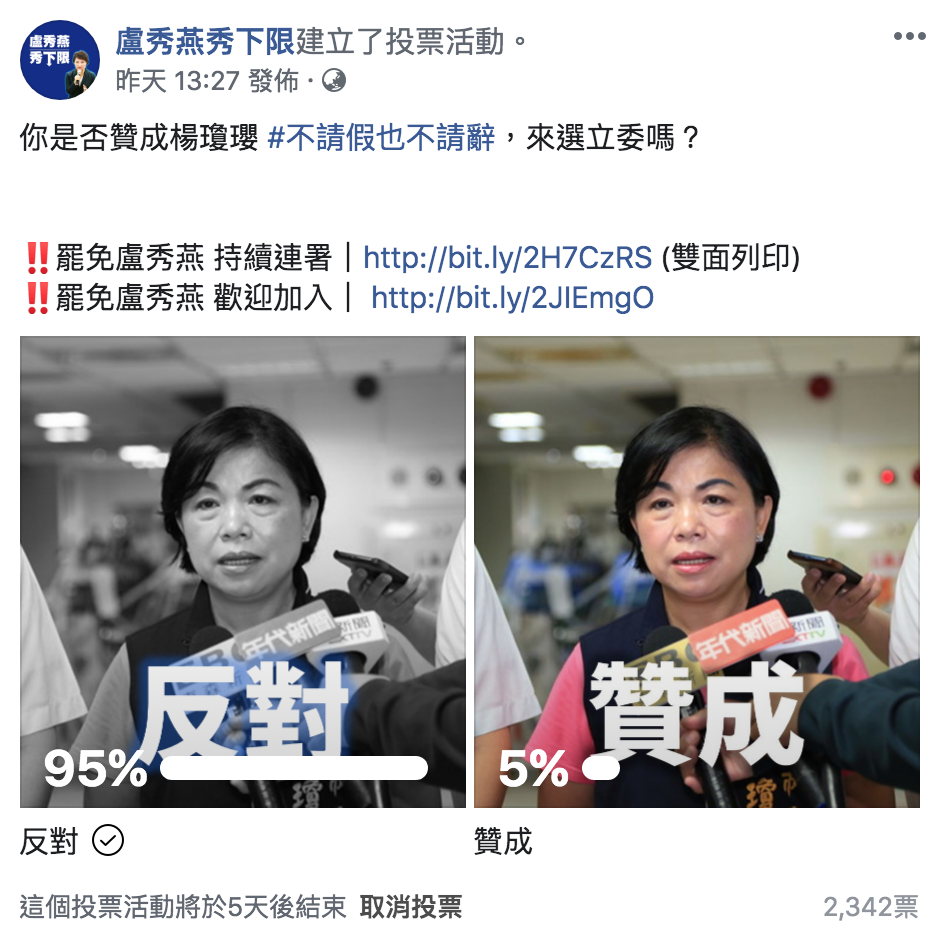 臉書粉專「盧秀燕秀下限」昨(14)進行「你是否贊成楊瓊瓔不請假也不請辭,來選立委嗎?」網路投票 圖:翻攝自「盧秀燕秀下限」臉書 臉書粉專「盧秀燕秀下限」昨(14)進行「你是否贊成楊瓊瓔不請假也不請辭,來選立委嗎?」網路投票 圖:翻攝自「盧秀燕秀下限」臉書
