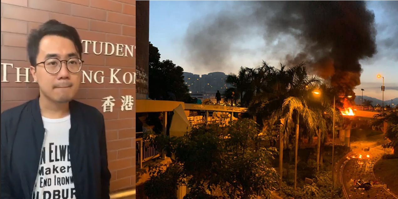 理大學生校董李傲然(左),18日指控警方水炮車攻擊,造成至少3人眼部受傷,另有約40人產生「低溫症」,而且校內並無足夠資源和急救人員處理傷者。 圖:翻攝理大學生會、城市廣播臉書/新頭殼合成