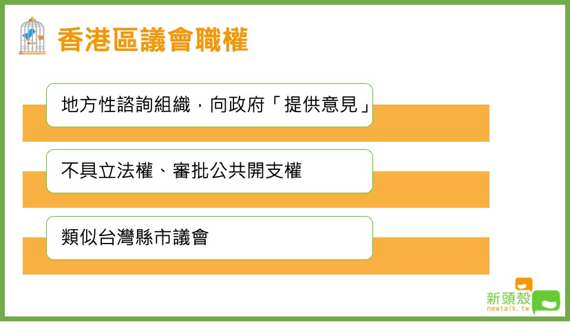 香港區議會僅為地方性諮詢組織,扮演提供意見的角色。 香港區議會僅為地方性諮詢組織,扮演提供意見的角色。
