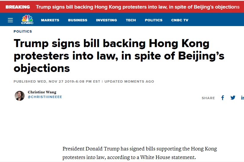 美國媒體報導,白宮發出聲明,指總統川普已經簽署挺香港法案。 圖:翻攝自美國CNBC 美國媒體報導,白宮發出聲明,指總統川普已經簽署挺香港法案。 圖:翻攝自美國CNBC