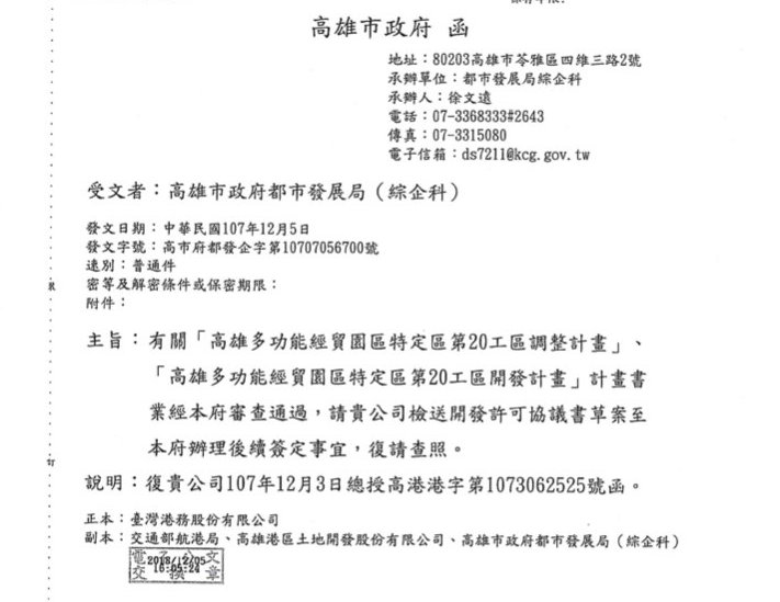 高市府出示公文證明已函請港務公司簽訂第20工區開發許可協議草案。 圖:高雄市政府/提供 高市府出示公文證明已函請港務公司簽訂第20工區開發許可協議草案。 圖:高雄市政府/提供