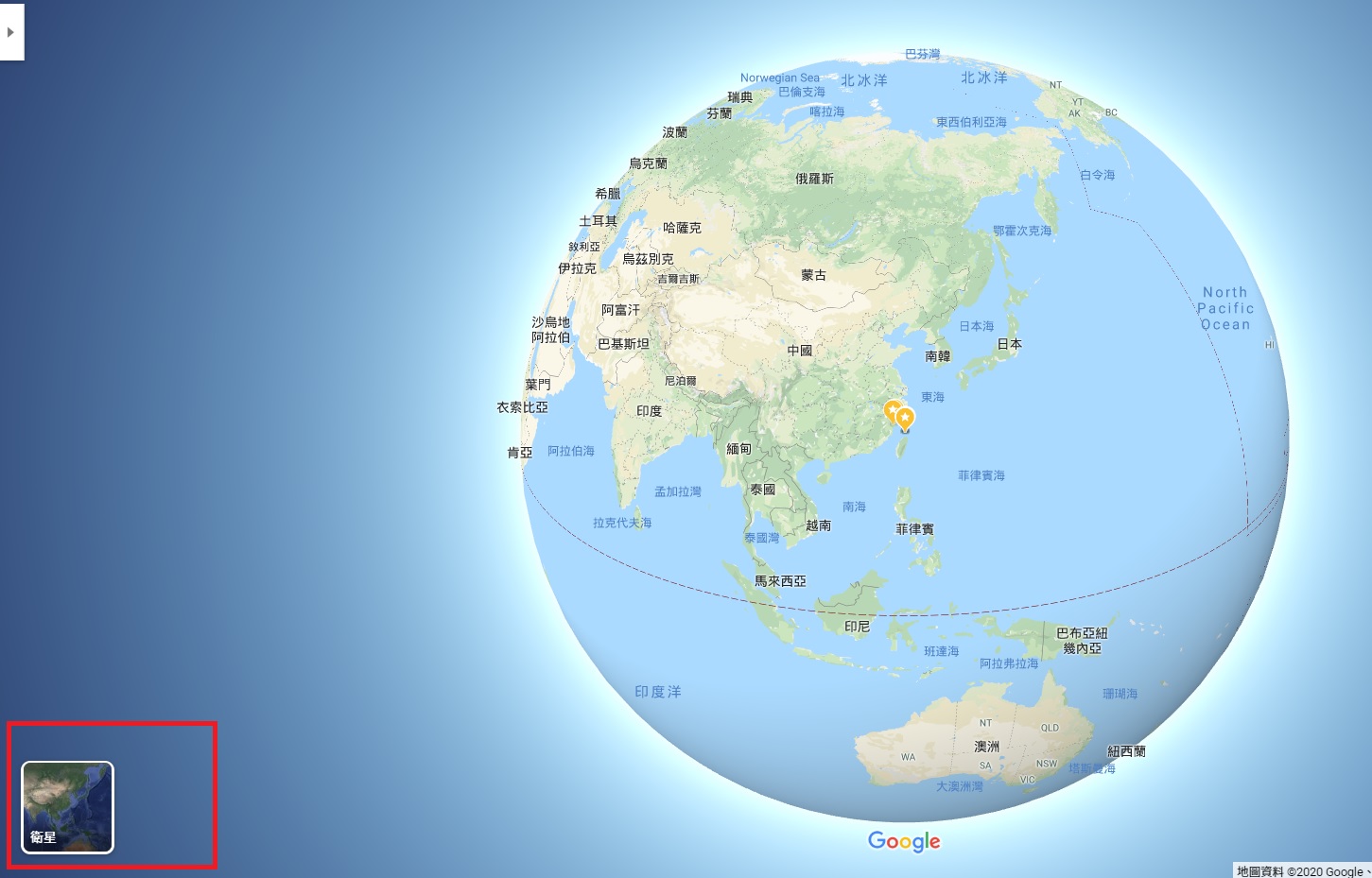 把圖再縮小一點,並點選左下角的衛星圖。 圖:截取自Google Maps 把圖再縮小一點,並點選左下角的衛星圖。 圖:截取自Google Maps
