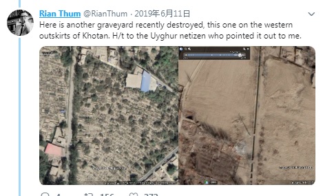 美國新疆議題專家圖姆將新疆和田市1處公墓比對,2018年9月時,是大片墓地(左圖),到了2019年(右圖)全部清空。 圖:翻攝自圖姆推特 美國新疆議題專家圖姆將新疆和田市1處公墓比對,2018年9月時,是大片墓地(左圖),到了2019年(右圖)全部清空。 圖:翻攝自圖姆推特