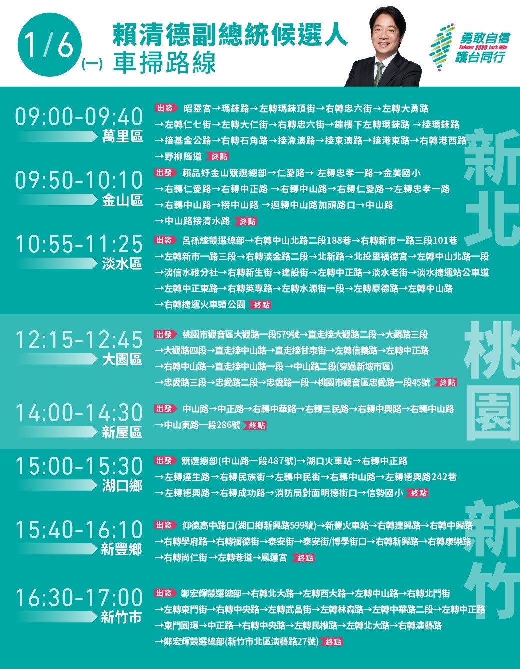 民進黨副總統候選人賴清德車隊掃街路線。 圖/蔡英文總統連任辦公室提供 民進黨副總統候選人賴清德車隊掃街路線。 圖/蔡英文總統連任辦公室提供
