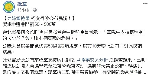 綠黨5日深夜指控柯文哲在台中造勢晚會上公布民調資料,違反了選罷法。 圖:翻攝自綠黨臉書 綠黨5日深夜指控柯文哲在台中造勢晚會上公布民調資料,違反了選罷法。 圖:翻攝自綠黨臉書