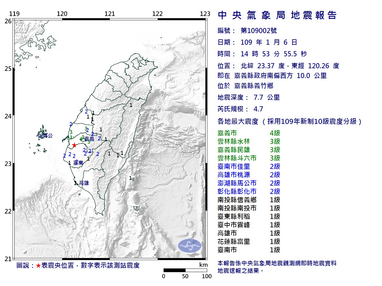 嘉義地區昨天發生地震,震央在嘉義縣義竹鄉。 圖:中央氣象局/提供 嘉義地區昨天發生地震,震央在嘉義縣義竹鄉。 圖:中央氣象局/提供