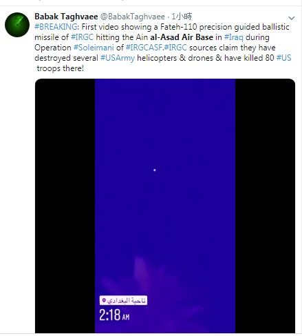 外電記者塔格維稱伊朗發射的導彈催毀不少美軍直升機與無人機,還有80人傷亡,但未經證實。 圖:翻攝自塔格維推特 外電記者塔格維稱伊朗發射的導彈催毀不少美軍直升機與無人機,還有80人傷亡,但未經證實。 圖:翻攝自塔格維推特