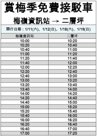 梅嶺-二層坪賞梅季免費接駁車時刻表。 圖:台南市府/提供 梅嶺-二層坪賞梅季免費接駁車時刻表。 圖:台南市府/提供
