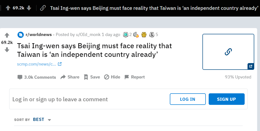 蔡受訪內容登上美國論壇Reddit熱搜。 圖:翻攝自Reddit 蔡受訪內容登上美國論壇Reddit熱搜。 圖:翻攝自Reddit