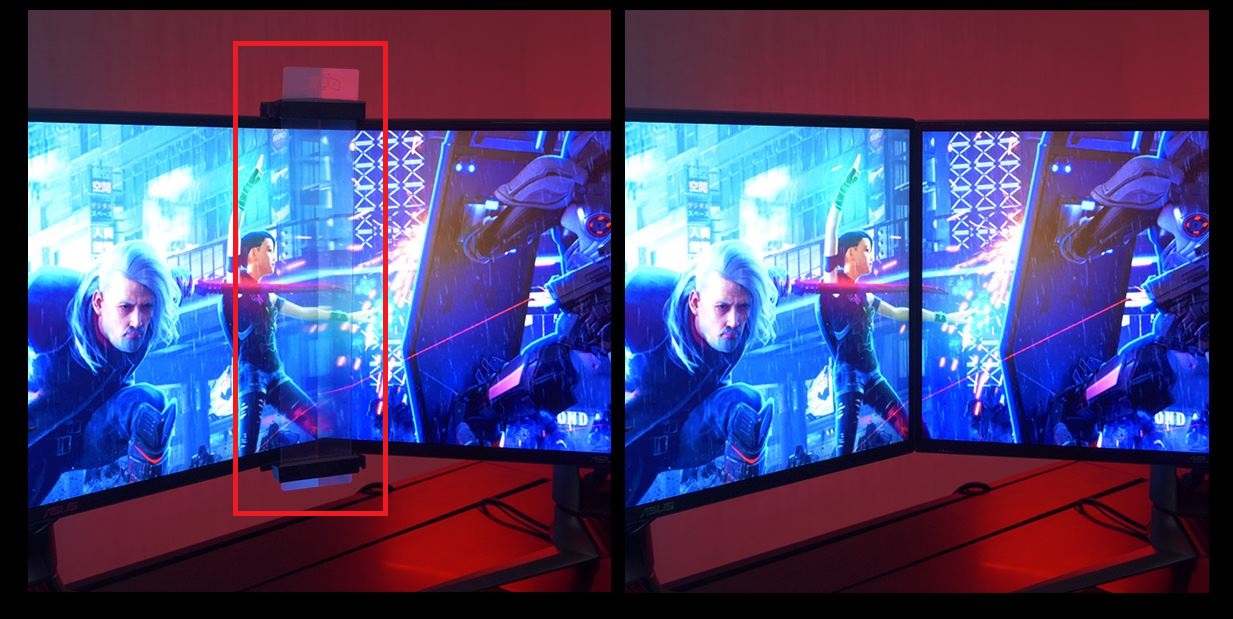 華碩「ROG Bezel-Free Kit ABF01」可透過類似光學迷彩的原理,達到消除邊框的效果。圖左紅圈處為加裝該工具的部分。 圖:取自華碩英文官網 華碩「ROG Bezel-Free Kit ABF01」可透過類似光學迷彩的原理,達到消除邊框的效果。圖左紅圈處為加裝該工具的部分。 圖:取自華碩英文官網