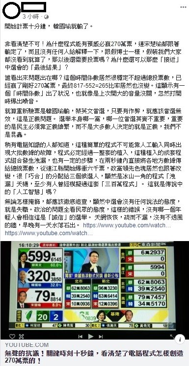 韓粉今日在臉書上抨擊東森開票作業,並質疑該媒體有灌票嫌疑。 圖:翻攝自韓國瑜打倒民進黨臉書社團 韓粉今日在臉書上抨擊東森開票作業,並質疑該媒體有灌票嫌疑。 圖:翻攝自韓國瑜打倒民進黨臉書社團