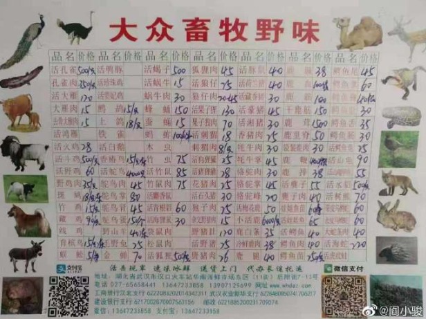 近日網路上轉傳一張在武漢華南海鮮市場販賣的「野味價目表」。 圖:翻攝自閻小駿的微博 近日網路上轉傳一張在武漢華南海鮮市場販賣的「野味價目表」。 圖:翻攝自閻小駿的微博