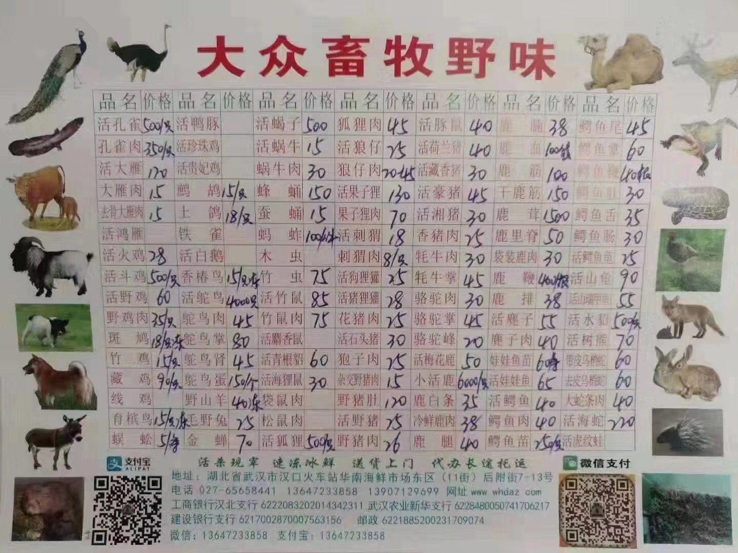 中國市場販賣野味的價格表。 圖:翻攝自推特 中國市場販賣野味的價格表。 圖:翻攝自推特