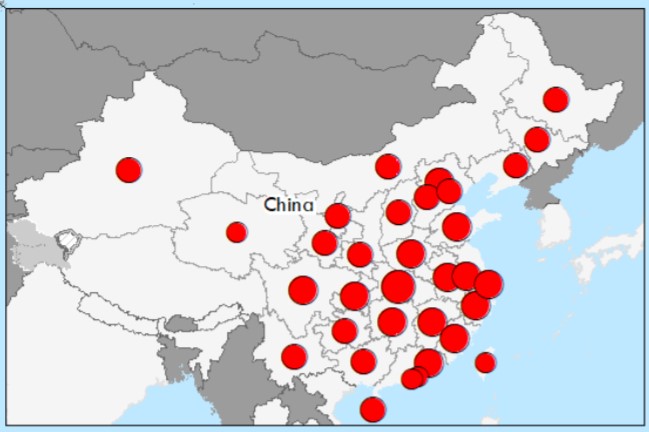 從圖表可見,湖北、武漢等地出現較大的紅圈,這意味著當地出現數百例確診疫情。 圖:翻攝自WHO疫情報告 從圖表可見,湖北、武漢等地出現較大的紅圈,這意味著當地出現數百例確診疫情。 圖:翻攝自WHO疫情報告