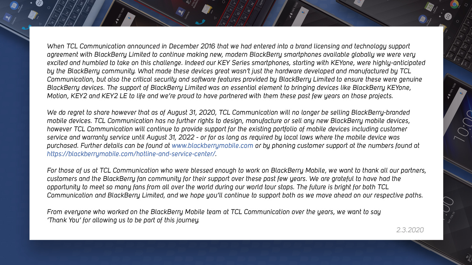 黑莓行動(BlackBerry Mobile)在官方Twitter正式公告,將在2020年8月31日正式停售停產黑莓手機。 圖:取自BlackBerry Mobile推特 黑莓行動(BlackBerry Mobile)在官方Twitter正式公告,將在2020年8月31日正式停售停產黑莓手機。 圖:取自BlackBerry Mobile推特