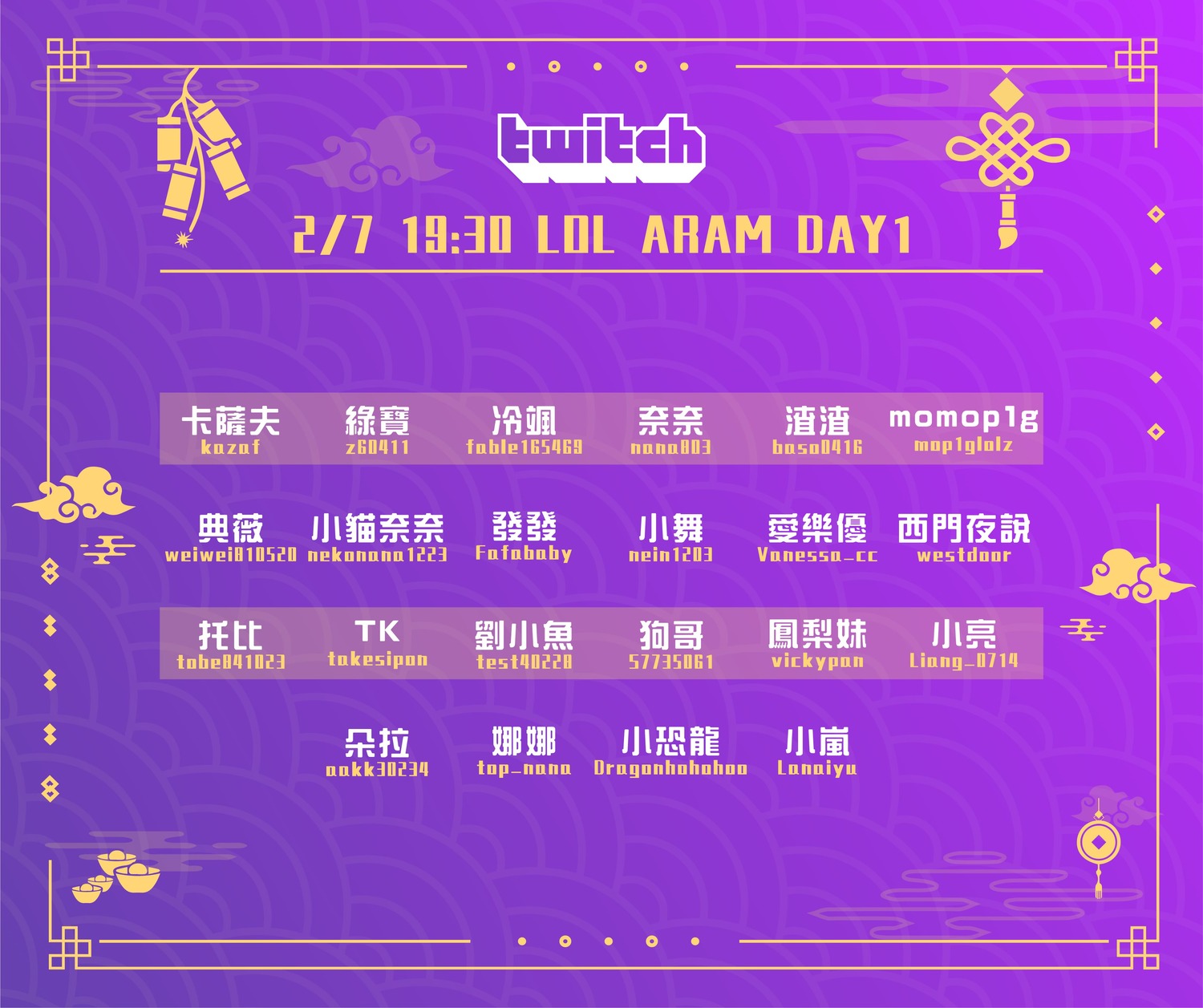 2月7日《英雄聯盟》咆嘯深淵模式(ARAM)參賽實況主名單 圖:TESL/提供 2月7日《英雄聯盟》咆嘯深淵模式(ARAM)參賽實況主名單 圖:TESL/提供