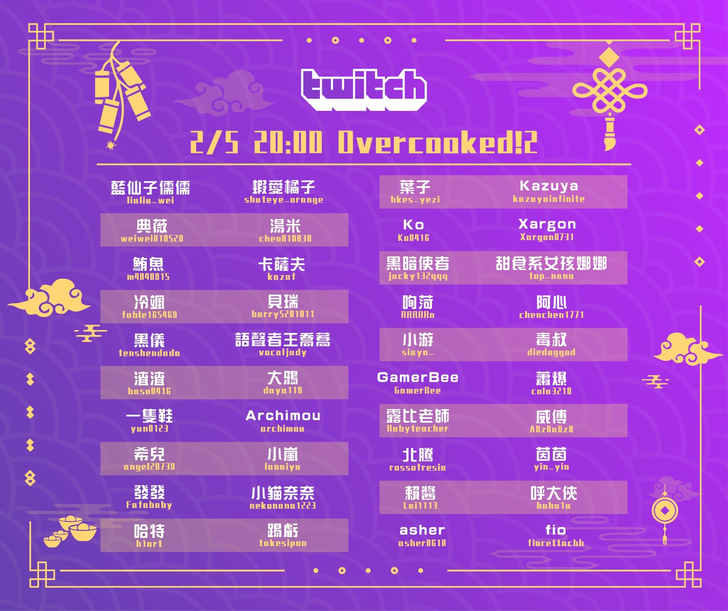 2月5日《煮過頭2》參賽實況主名單 圖:TESL/提供 2月5日《煮過頭2》參賽實況主名單 圖:TESL/提供