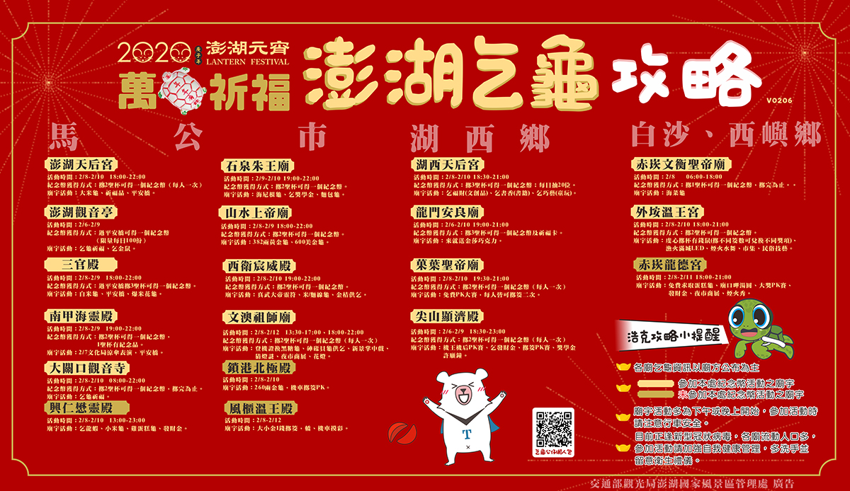 澎湖縣府推出乞龜攻略,告訴遊客和在地人各地的澎湖乞龜活動時間和乞龜內容。 圖:澎湖縣政府/提供 澎湖縣府推出乞龜攻略,告訴遊客和在地人各地的澎湖乞龜活動時間和乞龜內容。 圖:澎湖縣政府/提供