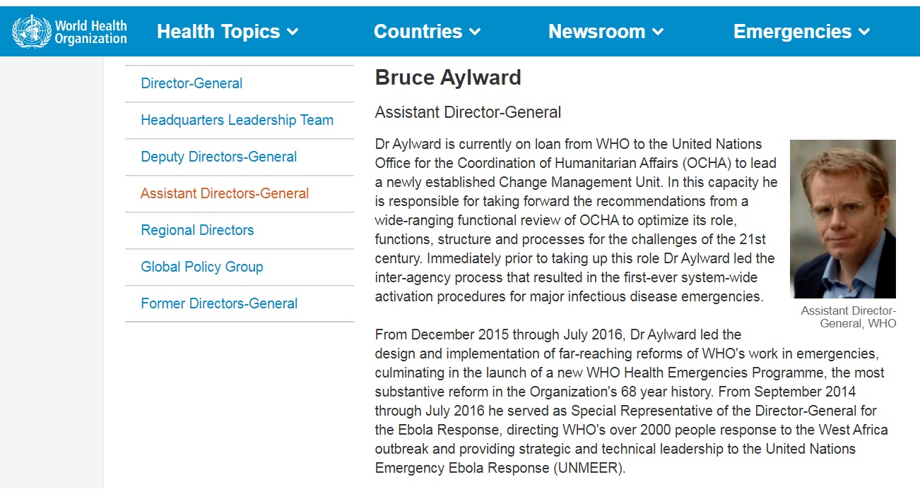 世衛助理總幹事艾沃德(Bruce Aylward)率領國際專家先遣小組協助調查中國的新型冠狀病毒(2019-nCoV,武漢肺炎)疫情。 圖:翻攝世界衛生組織官網 世衛助理總幹事艾沃德(Bruce Aylward)率領國際專家先遣小組協助調查中國的新型冠狀病毒(2019-nCoV,武漢肺炎)疫情。 圖:翻攝世界衛生組織官網