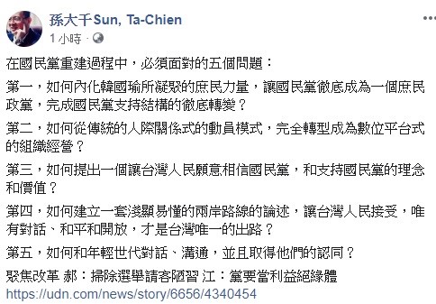 孫大千稍早分析,國民黨重建需面對包含,如何凝聚「韓粉」的力量、如何重新建立兩岸論述、如何取得年輕人的認同等問題。 圖:翻攝自孫大千臉書 孫大千稍早分析,國民黨重建需面對包含,如何凝聚「韓粉」的力量、如何重新建立兩岸論述、如何取得年輕人的認同等問題。 圖:翻攝自孫大千臉書