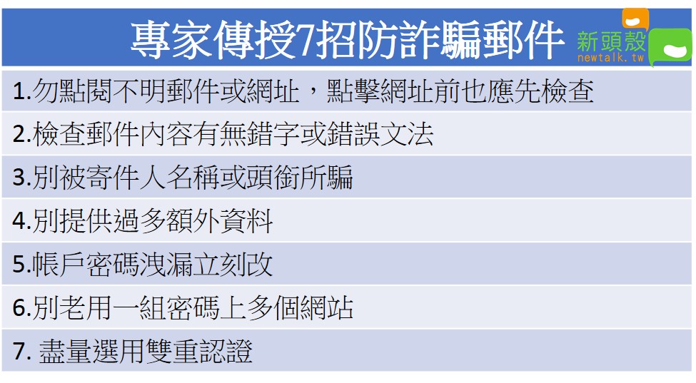 資安專家提出7點建議,教民眾如何防範釣魚信件。 圖:新頭殼製表 資安專家提出7點建議,教民眾如何防範釣魚信件。 圖:新頭殼製表