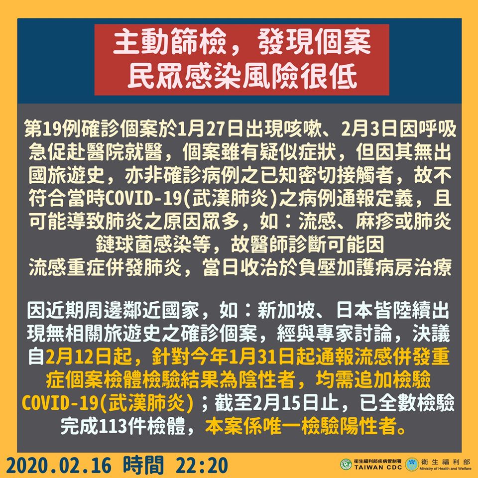疫情指揮中心晚間表示,已經掌握其所接觸的3名中港澳返國台商,目前評估社區持續人傳人的可能性很低,大家不要恐慌。 圖:取自衛福部臉書 疫情指揮中心晚間表示,已經掌握其所接觸的3名中港澳返國台商,目前評估社區持續人傳人的可能性很低,大家不要恐慌。 圖:取自衛福部臉書