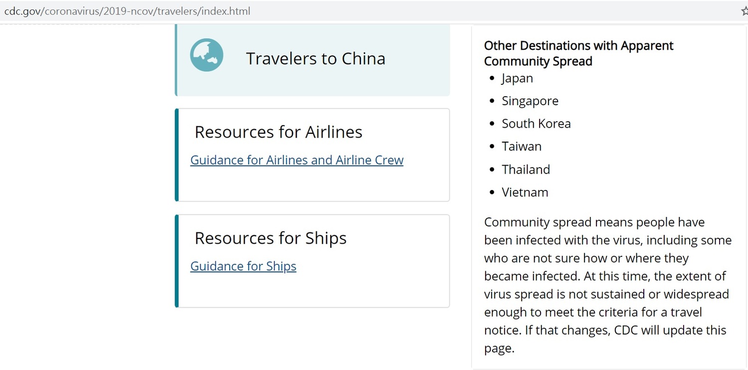 根據美國疾病管制與預防中心(CDC)網站指出,中國大陸之外,日本、新加坡、泰國、越南、台灣、南韓的新型冠狀病毒已進入社區傳播階段。 圖:擷取自美國CDC官網 根據美國疾病管制與預防中心(CDC)網站指出,中國大陸之外,日本、新加坡、泰國、越南、台灣、南韓的新型冠狀病毒已進入社區傳播階段。 圖:擷取自美國CDC官網