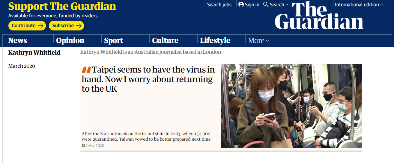 英國《衛報》記者親身採訪,見證台灣防疫政策執行確實到位。 圖:翻攝自衛報網頁。 英國《衛報》記者親身採訪,見證台灣防疫政策執行確實到位。 圖:翻攝自衛報網頁。