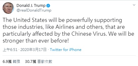 川普在推文表示,美國將強力支持那些特別受中國病毒(Chinese Virus)影響的行業,也是川普首次稱中國病毒(Chinese Virus)。 圖:翻攝自川普推特 川普在推文表示,美國將強力支持那些特別受中國病毒(Chinese Virus)影響的行業,也是川普首次稱中國病毒(Chinese Virus)。 圖:翻攝自川普推特