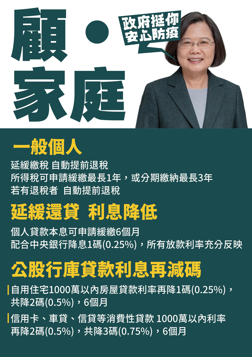 其中,在「顧家庭」部份,龔明鑫表示,對於一般個人而言,所得稅可申請緩繳最長1年,或分期繳納最長3年,若有退稅者自動提前退稅。 圖:行政院提供 其中,在「顧家庭」部份,龔明鑫表示,對於一般個人而言,所得稅可申請緩繳最長1年,或分期繳納最長3年,若有退稅者自動提前退稅。 圖:行政院提供