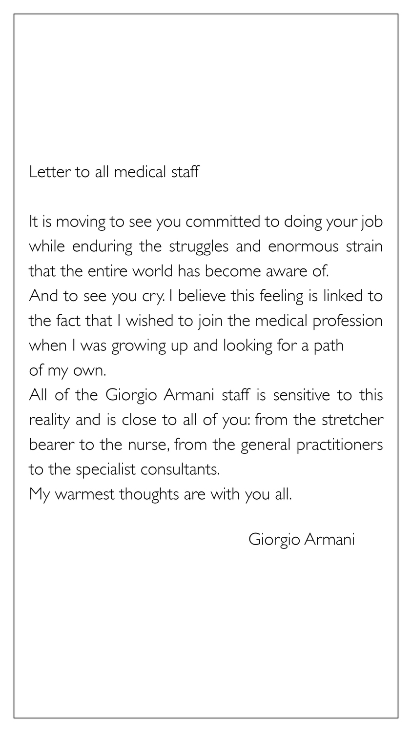 品牌設計師亞曼尼(Giorgio Armani)上周六還在多達60家報社刊登廣告,向醫護人員致敬。 圖/截取自Armani推特 品牌設計師亞曼尼(Giorgio Armani)上周六還在多達60家報社刊登廣告,向醫護人員致敬。 圖/截取自Armani推特