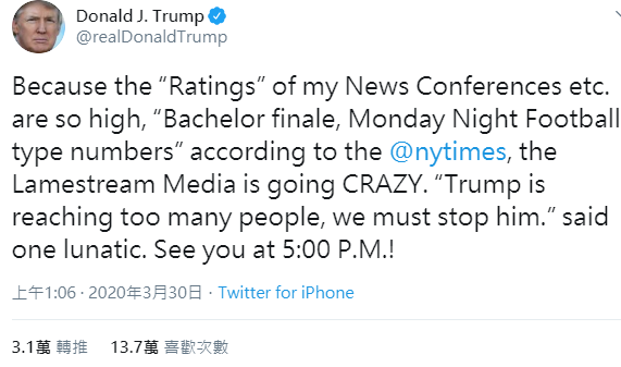 川普昨(30)天推文引用《紐約時報》報導吹捧「總統川普就是收視保證」。 圖:翻攝川普推特 川普昨(30)天推文引用《紐約時報》報導吹捧「總統川普就是收視保證」。 圖:翻攝川普推特