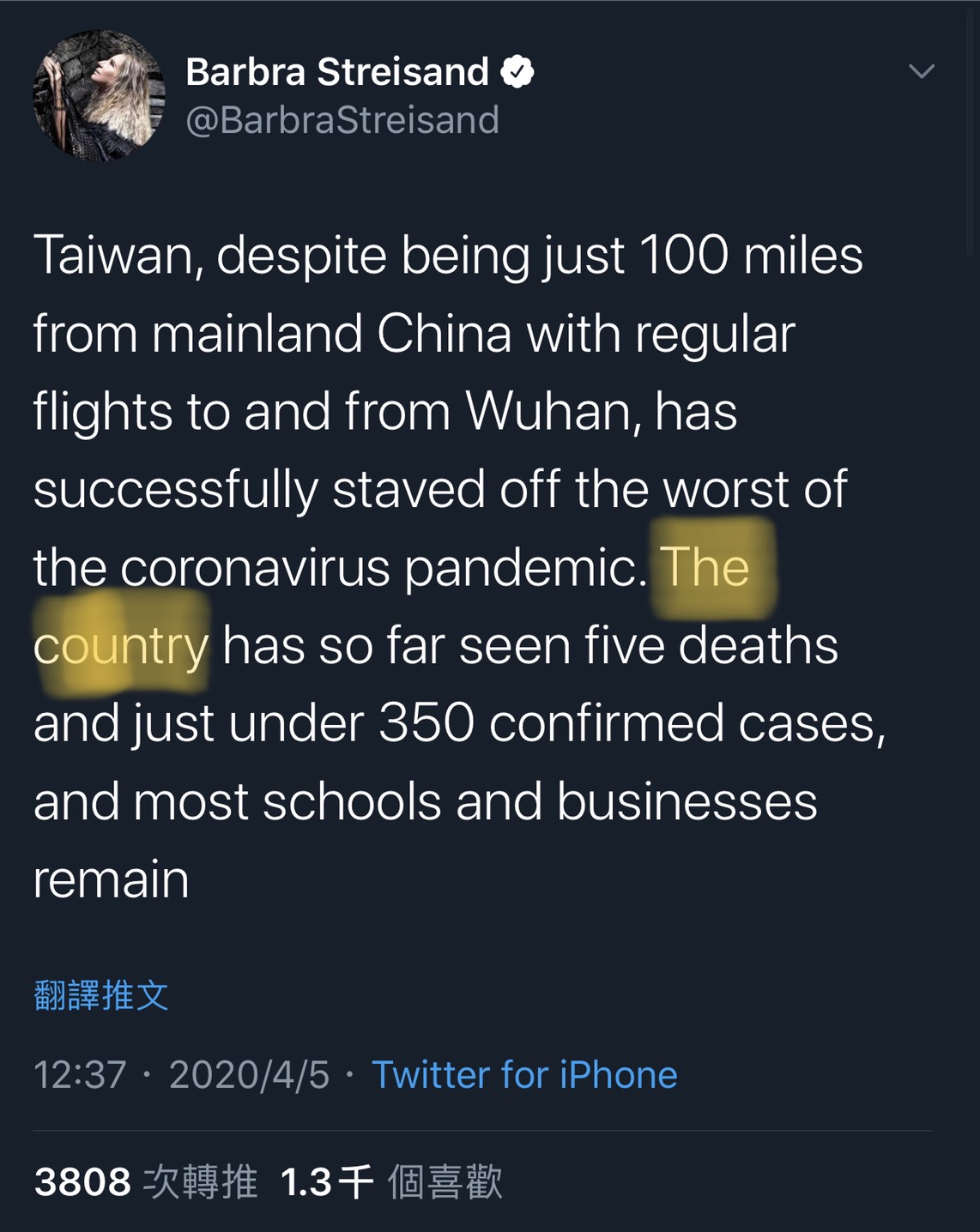 芭芭拉史翠珊在發文中提到台灣,用The Country。 圖:擷取芭芭拉史翠珊推特 芭芭拉史翠珊在發文中提到台灣,用The Country。 圖:擷取芭芭拉史翠珊推特