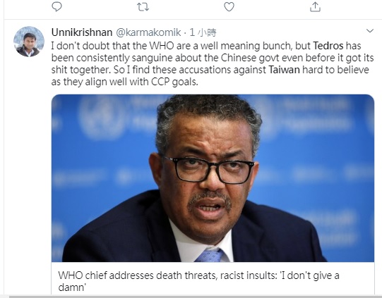 國際網友批評譚德塞態度偏頗,對台灣的指責沒人會相信。 圖:翻攝自推特 國際網友批評譚德塞態度偏頗,對台灣的指責沒人會相信。 圖:翻攝自推特