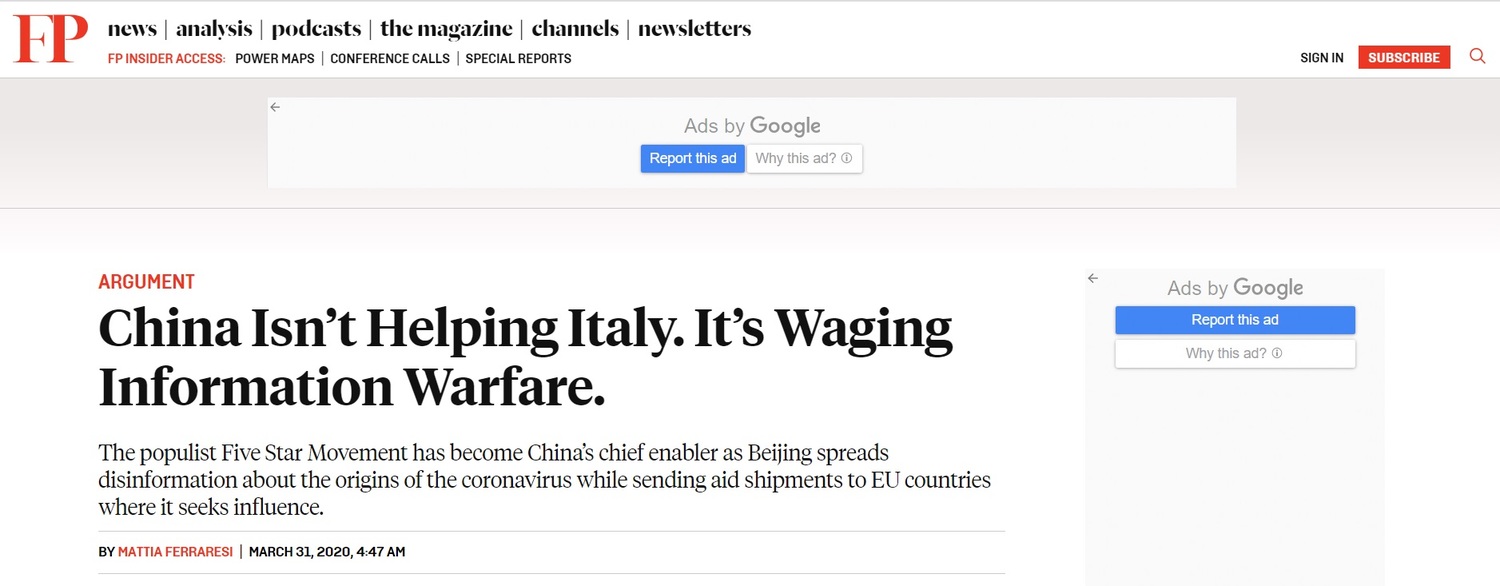 義大利日報Il Foglio專欄作家費拉雷西(Mattia Ferraresi)日前以「中國沒有幫助義大利,而是發動資訊戰」為題投書至《外交政策》。 圖:翻攝自外交政策官網 義大利日報Il Foglio專欄作家費拉雷西(Mattia Ferraresi)日前以「中國沒有幫助義大利,而是發動資訊戰」為題投書至《外交政策》。 圖:翻攝自外交政策官網